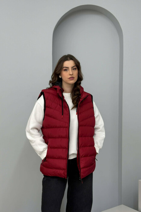 ONE COLOR HOODED SIMPLE WOMEN VEST BURGUNDY/VISHNJE - 2