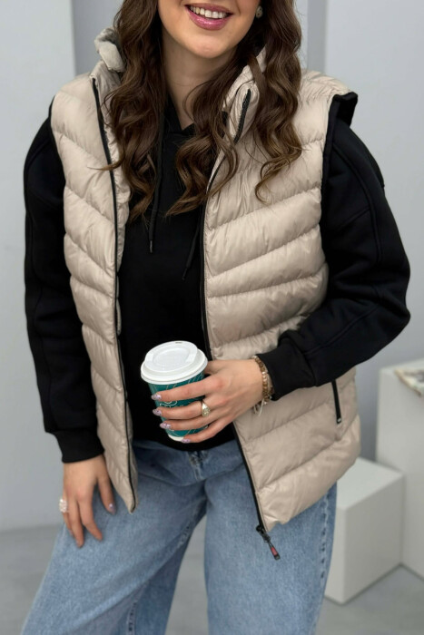 ONE COLOR HOODED SIMPLE WOMEN VEST GREY-GREY/GG - KLAUDIO FASHION