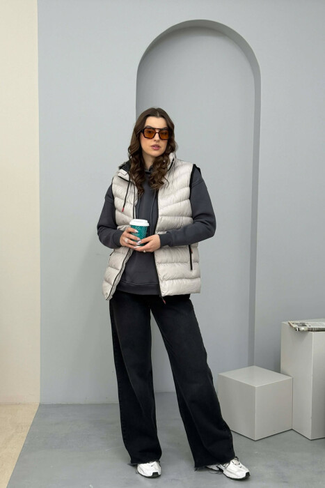 ONE COLOR HOODED SIMPLE WOMEN VEST LIGHT GREY/GZ - 2