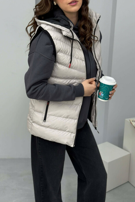 ONE COLOR HOODED SIMPLE WOMEN VEST LIGHT GREY/GZ - 4