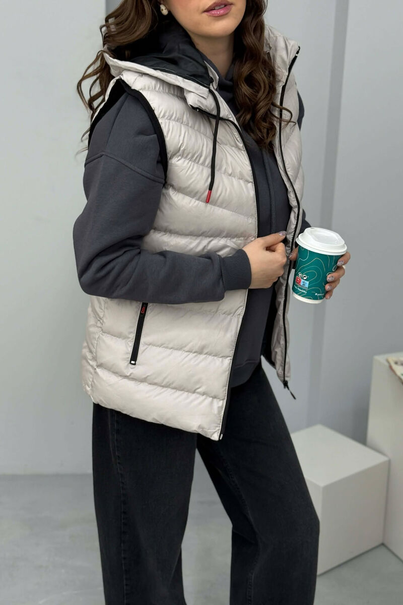 ONE COLOR HOODED SIMPLE WOMEN VEST LIGHT GREY/GZ - 4