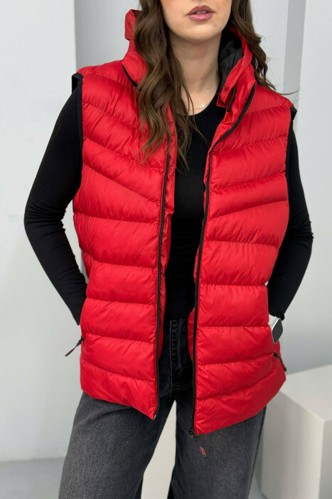 ONE COLOR HOODED SIMPLE WOMEN VEST RED/E KUQE 