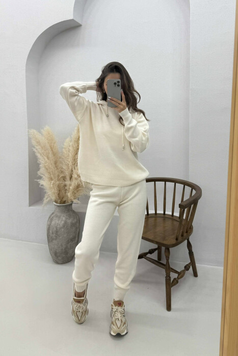 ONE COLOR HOODED WOMEN KNIT SET CREAM/KREM - 2