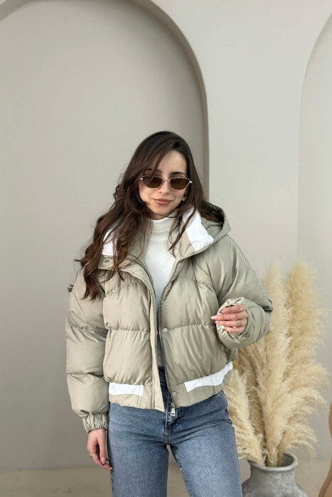 ONE COLOR HOODED ZIPPER CROPPED WOMAN PUFFER JACKET BEIGE/BEZHE - KLAUDIO FASHION