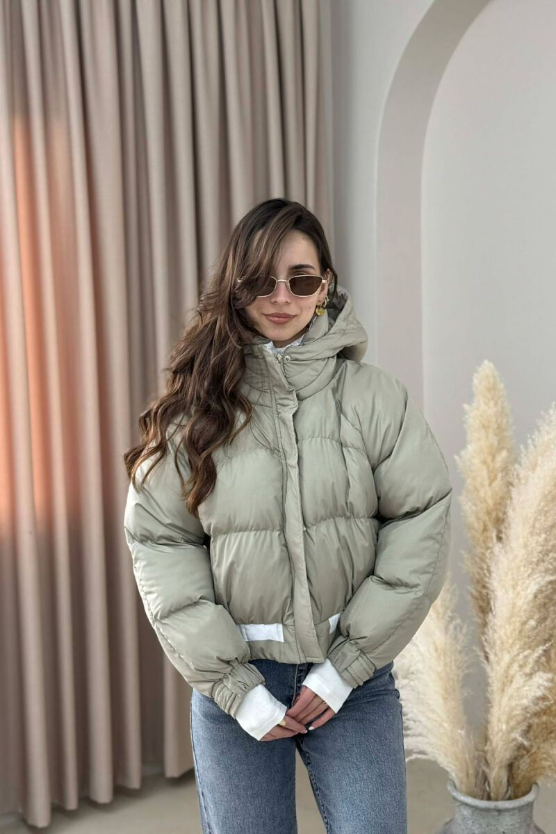 ONE COLOR HOODED ZIPPER CROPPED WOMAN PUFFER JACKET BEIGE/BEZHE - 3