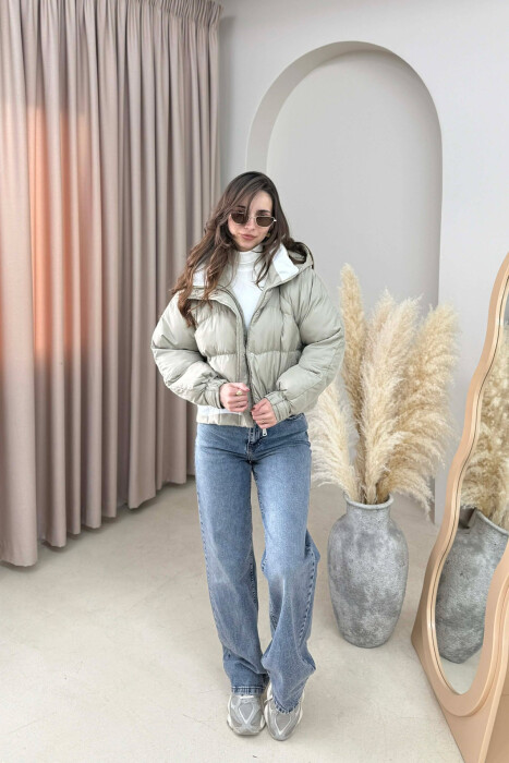 ONE COLOR HOODED ZIPPER CROPPED WOMAN PUFFER JACKET BEIGE/BEZHE - 4