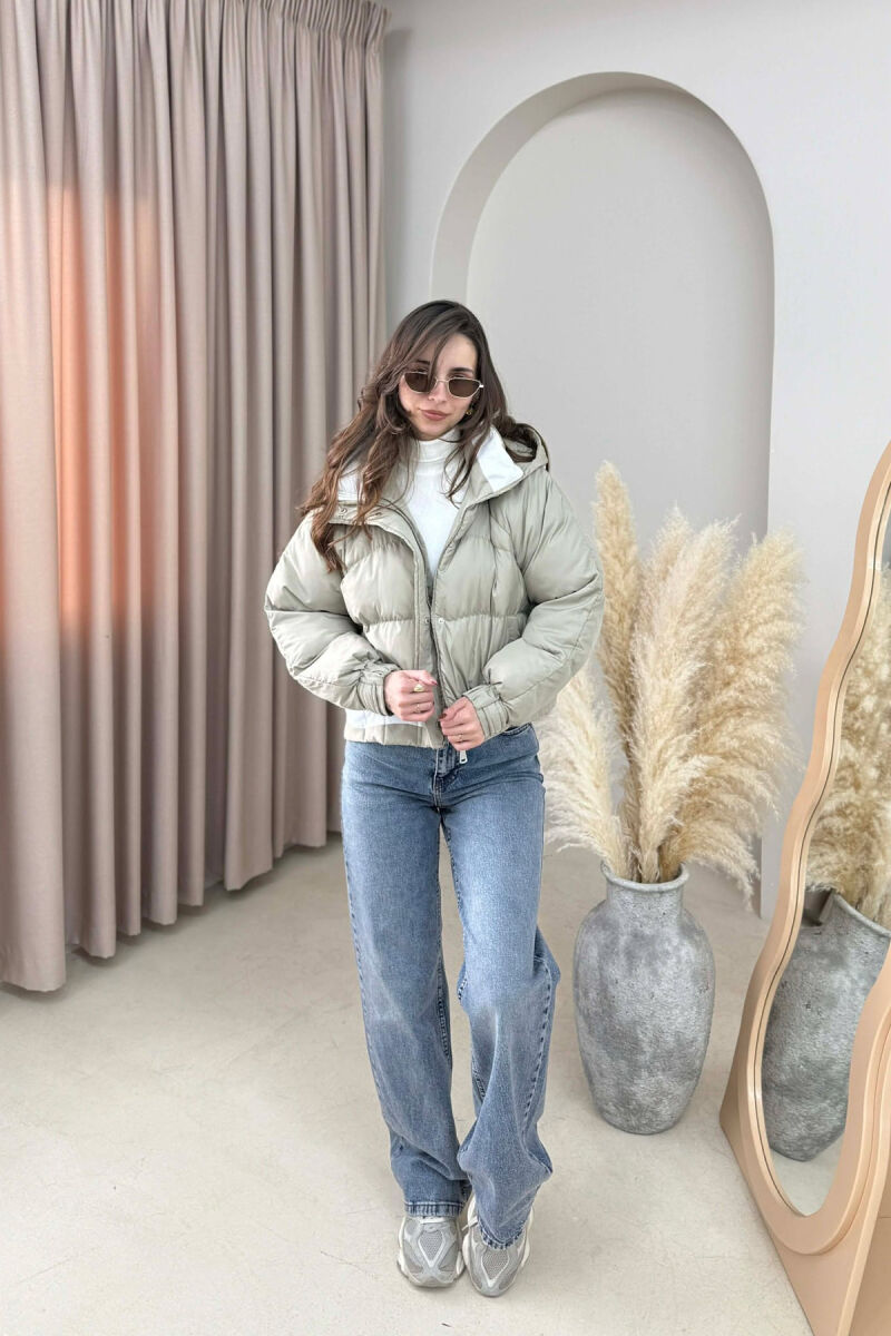 ONE COLOR HOODED ZIPPER CROPPED WOMAN PUFFER JACKET BEIGE/BEZHE - 4