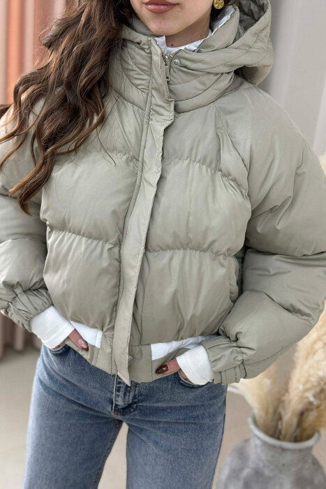 ONE COLOR HOODED ZIPPER CROPPED WOMAN PUFFER JACKET BEIGE/BEZHE - 5