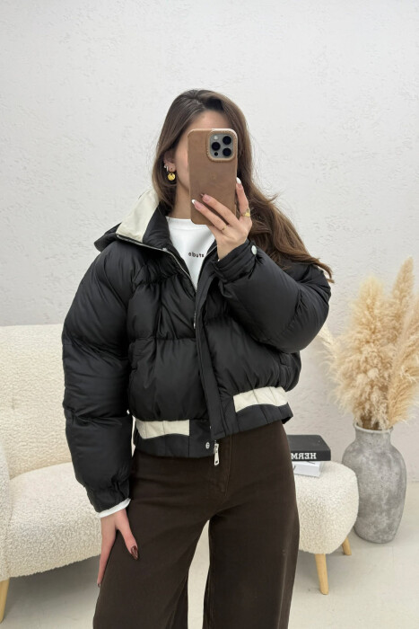 ONE COLOR HOODED ZIPPER CROPPED WOMAN PUFFER JACKET BLACK/ E ZEZE 