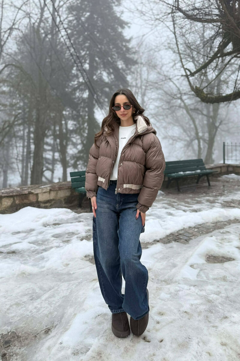 ONE COLOR HOODED ZIPPER CROPPED WOMAN PUFFER JACKET BROWN/KAFE - 5