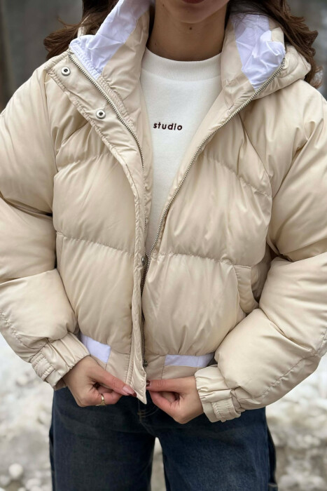 ONE COLOR HOODED ZIPPER CROPPED WOMAN PUFFER JACKET CREAM/KREM - 2