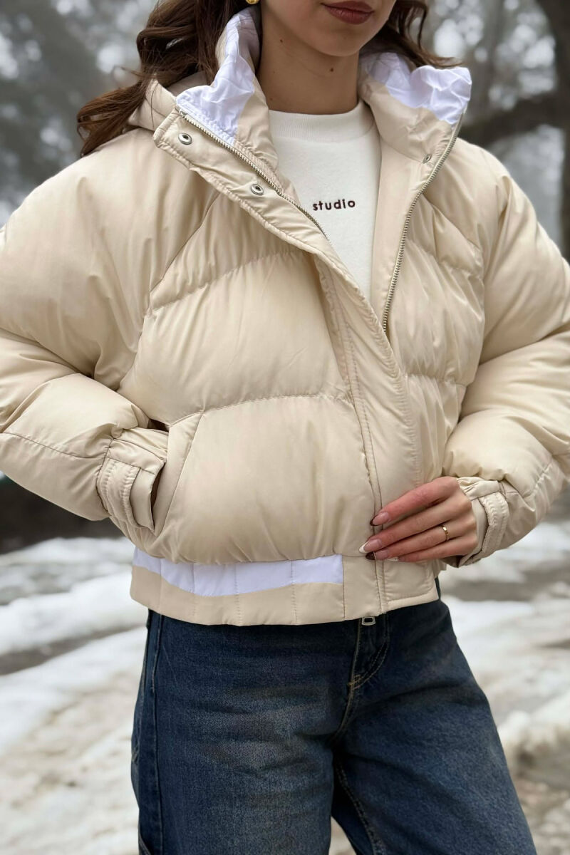 ONE COLOR HOODED ZIPPER CROPPED WOMAN PUFFER JACKET CREAM/KREM - 5