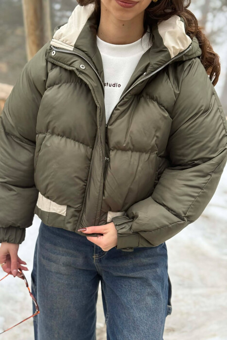 ONE COLOR HOODED ZIPPER CROPPED WOMAN PUFFER JACKET GREEN/JESHILE - 4