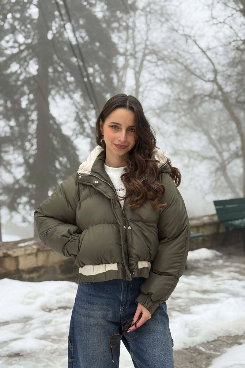 ONE COLOR HOODED ZIPPER CROPPED WOMAN PUFFER JACKET GREEN/JESHILE - 5