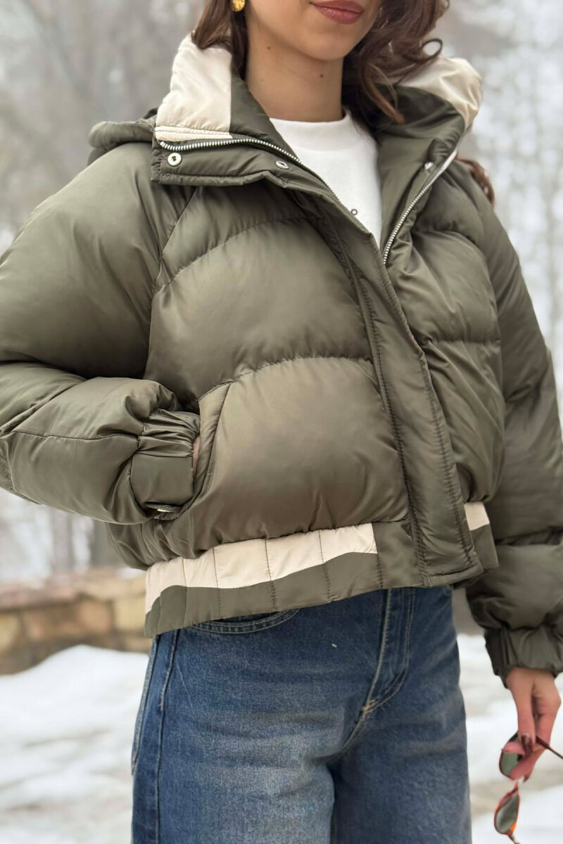 ONE COLOR HOODED ZIPPER CROPPED WOMAN PUFFER JACKET GREEN/JESHILE - 6