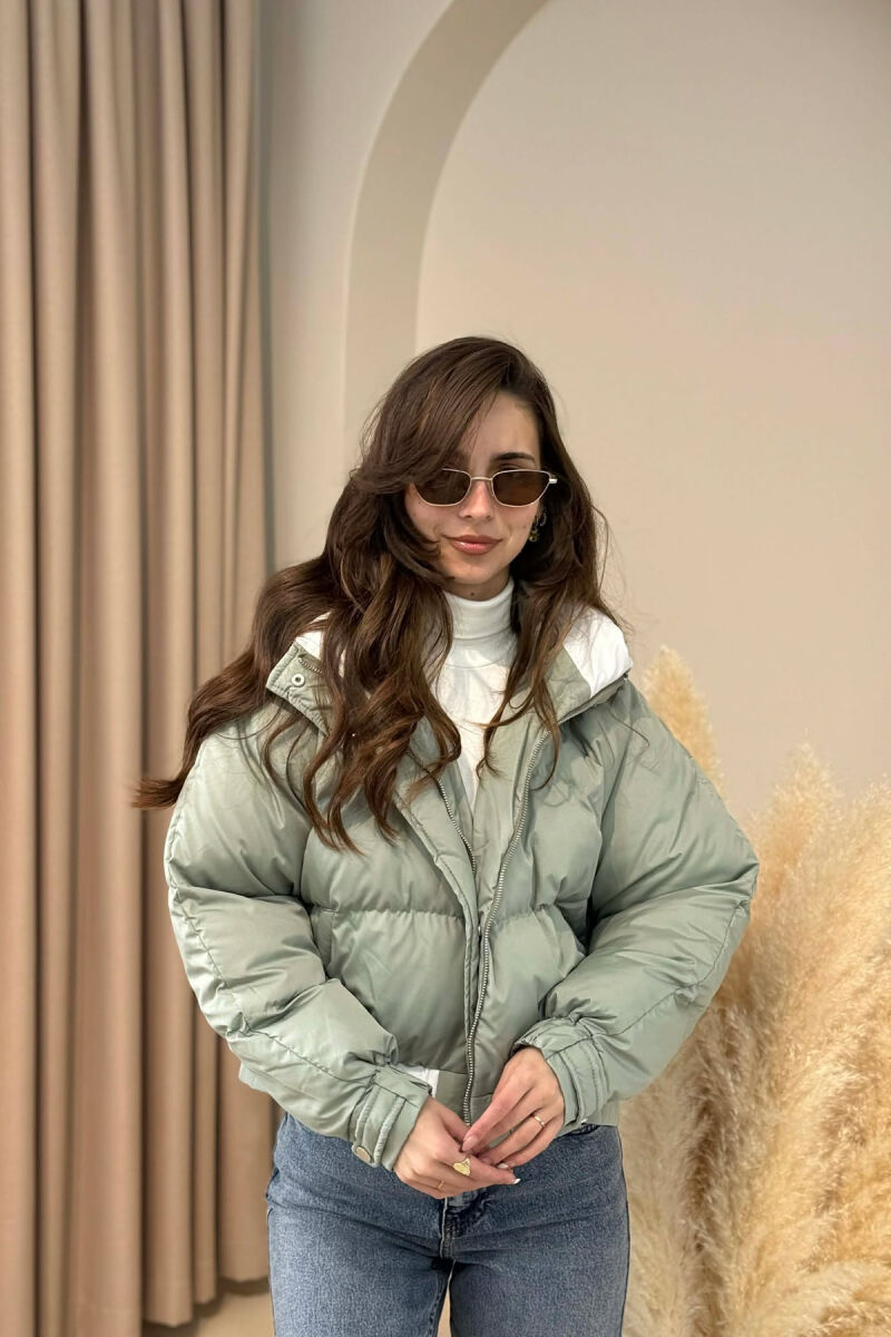 ONE COLOR HOODED ZIPPER CROPPED WOMAN PUFFER JACKET MINT/MENTE - 2