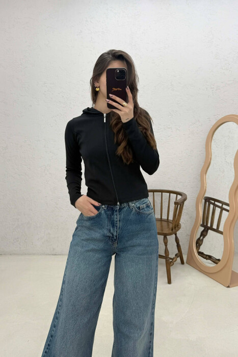 ONE COLOR HOODED ZIPPER WOMAN JACKET BLACK/ E ZEZE - 1