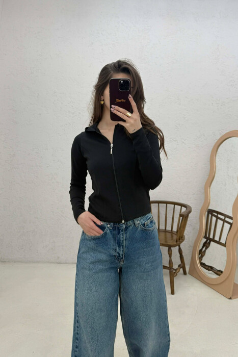 ONE COLOR HOODED ZIPPER WOMAN JACKET BLACK/ E ZEZE - 2