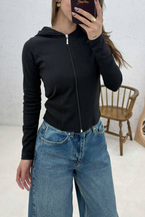 ONE COLOR HOODED ZIPPER WOMAN JACKET BLACK/ E ZEZE - 4