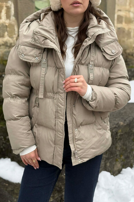 ONE COLOR HOODED ZIPPER WOMAN PUFFER JACKET BEIGE/BEZHE - 2