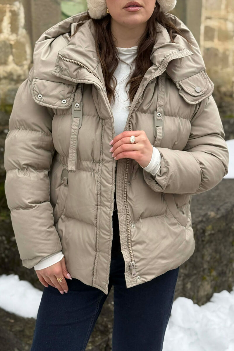 ONE COLOR HOODED ZIPPER WOMAN PUFFER JACKET BEIGE/BEZHE - 2