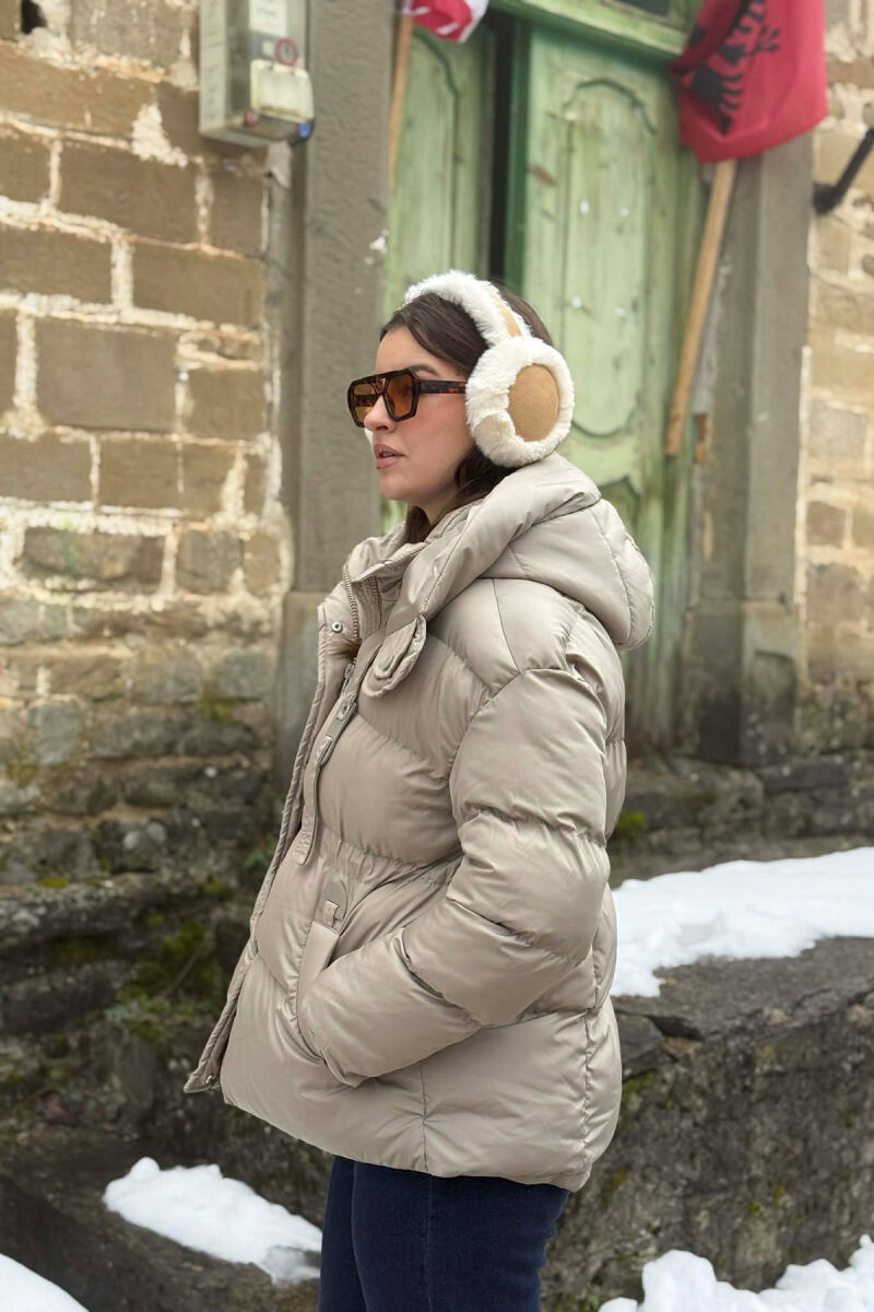 ONE COLOR HOODED ZIPPER WOMAN PUFFER JACKET BEIGE/BEZHE - 4