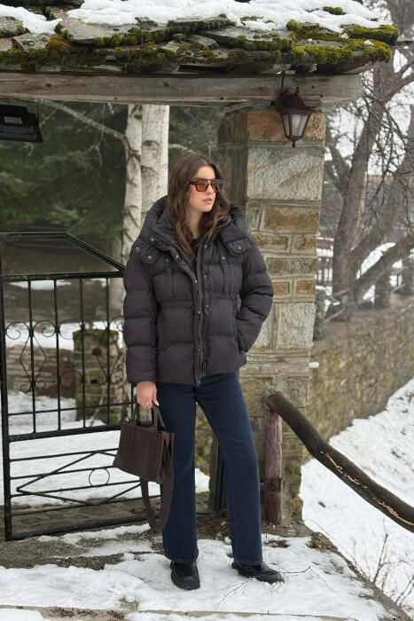 ONE COLOR HOODED ZIPPER WOMAN PUFFER JACKET BLACK/ E ZEZE - 2