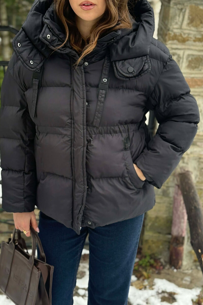 ONE COLOR HOODED ZIPPER WOMAN PUFFER JACKET BLACK/ E ZEZE - 3