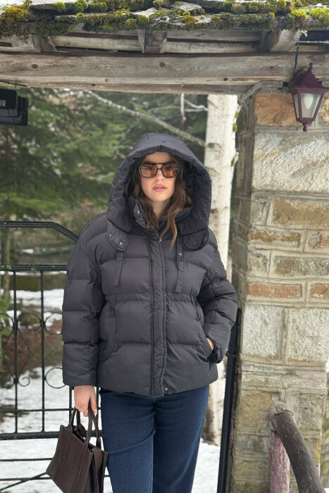 ONE COLOR HOODED ZIPPER WOMAN PUFFER JACKET BLACK/ E ZEZE - 4