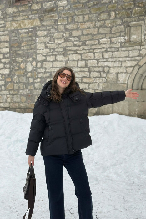 ONE COLOR HOODED ZIPPER WOMAN PUFFER JACKET BLACK/ E ZEZE - 6