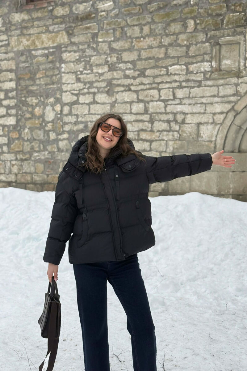 ONE COLOR HOODED ZIPPER WOMAN PUFFER JACKET BLACK/ E ZEZE - 6