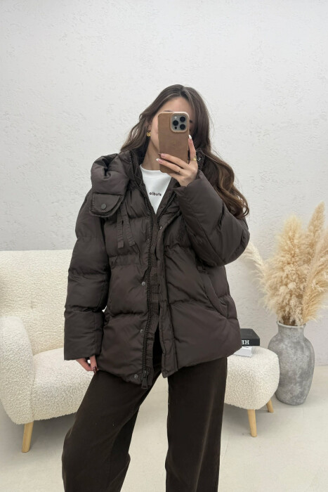 ONE COLOR HOODED ZIPPER WOMAN PUFFER JACKET BROWN/KAFE - KLAUDIO FASHION