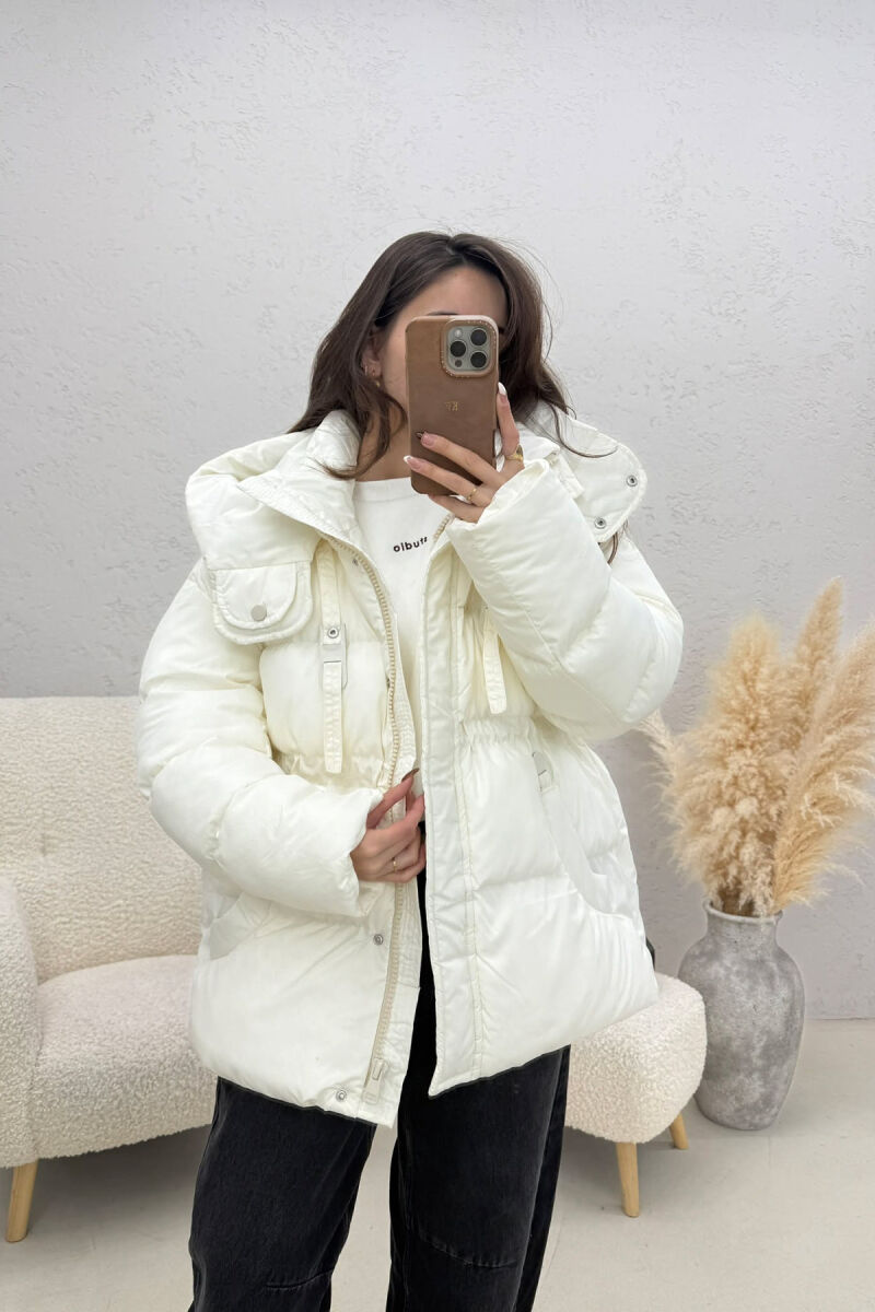 ONE COLOR HOODED ZIPPER WOMAN PUFFER JACKET WHITE-E BARDHE - 1