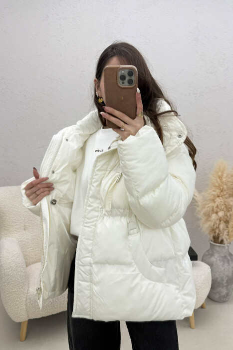 ONE COLOR HOODED ZIPPER WOMAN PUFFER JACKET WHITE-E BARDHE - 4