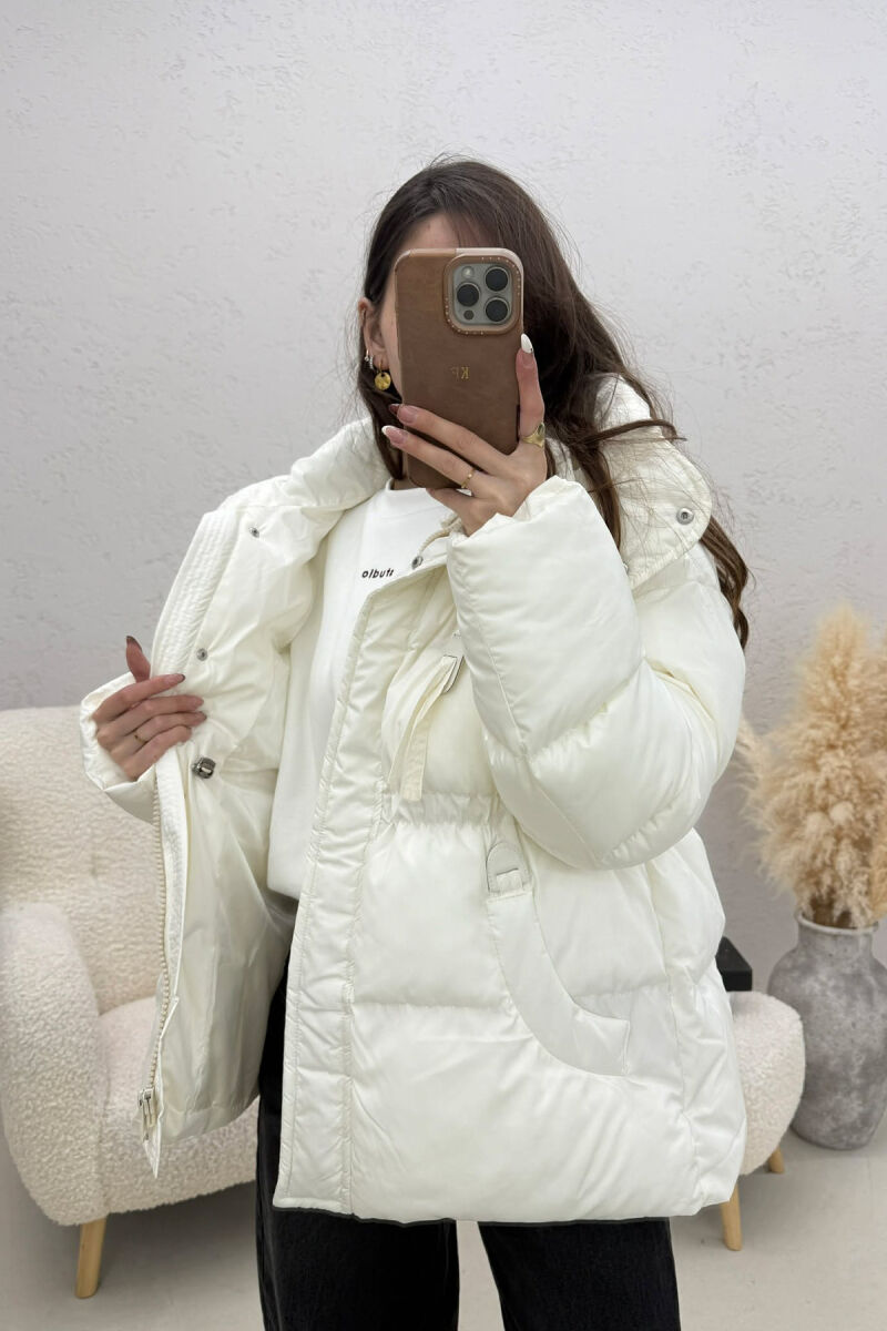 ONE COLOR HOODED ZIPPER WOMAN PUFFER JACKET WHITE-E BARDHE - 4