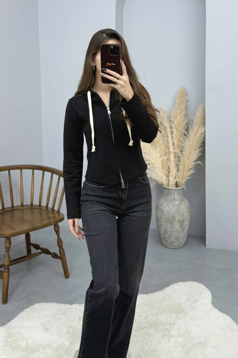 ONE COLOR HOODED ZIPPER WOMEN JACKET BLACK/ E ZEZE 