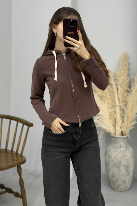 ONE COLOR HOODED ZIPPER WOMEN JACKET BROWN/KAFE - KLAUDIO FASHION