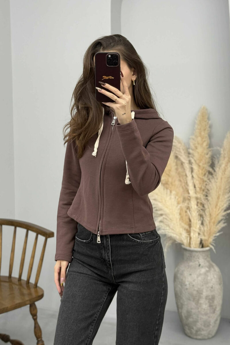 ONE COLOR HOODED ZIPPER WOMEN JACKET BROWN/KAFE - 3