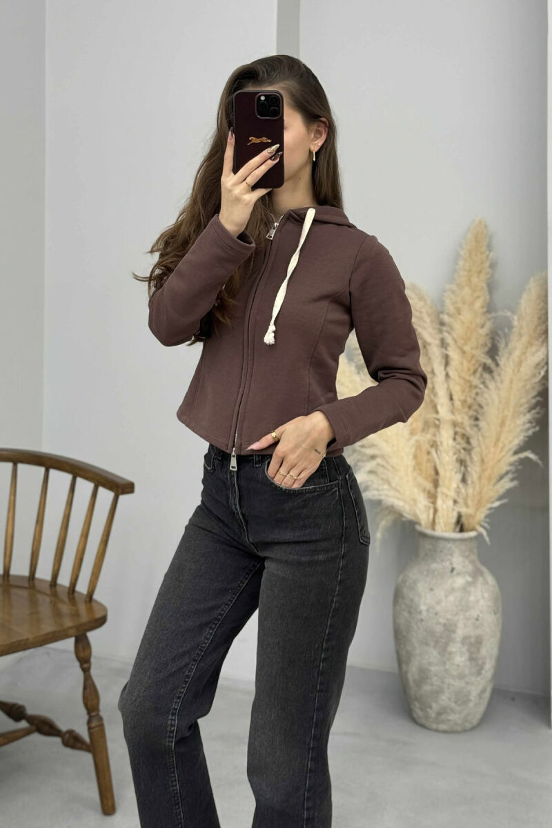 ONE COLOR HOODED ZIPPER WOMEN JACKET BROWN/KAFE - 4