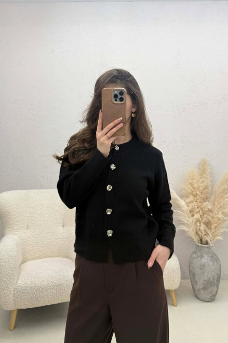 ONE COLOR KNITTED BUTTONED WOMEN CARDIGAN BLACK/ E ZEZE - KLAUDIO FASHION
