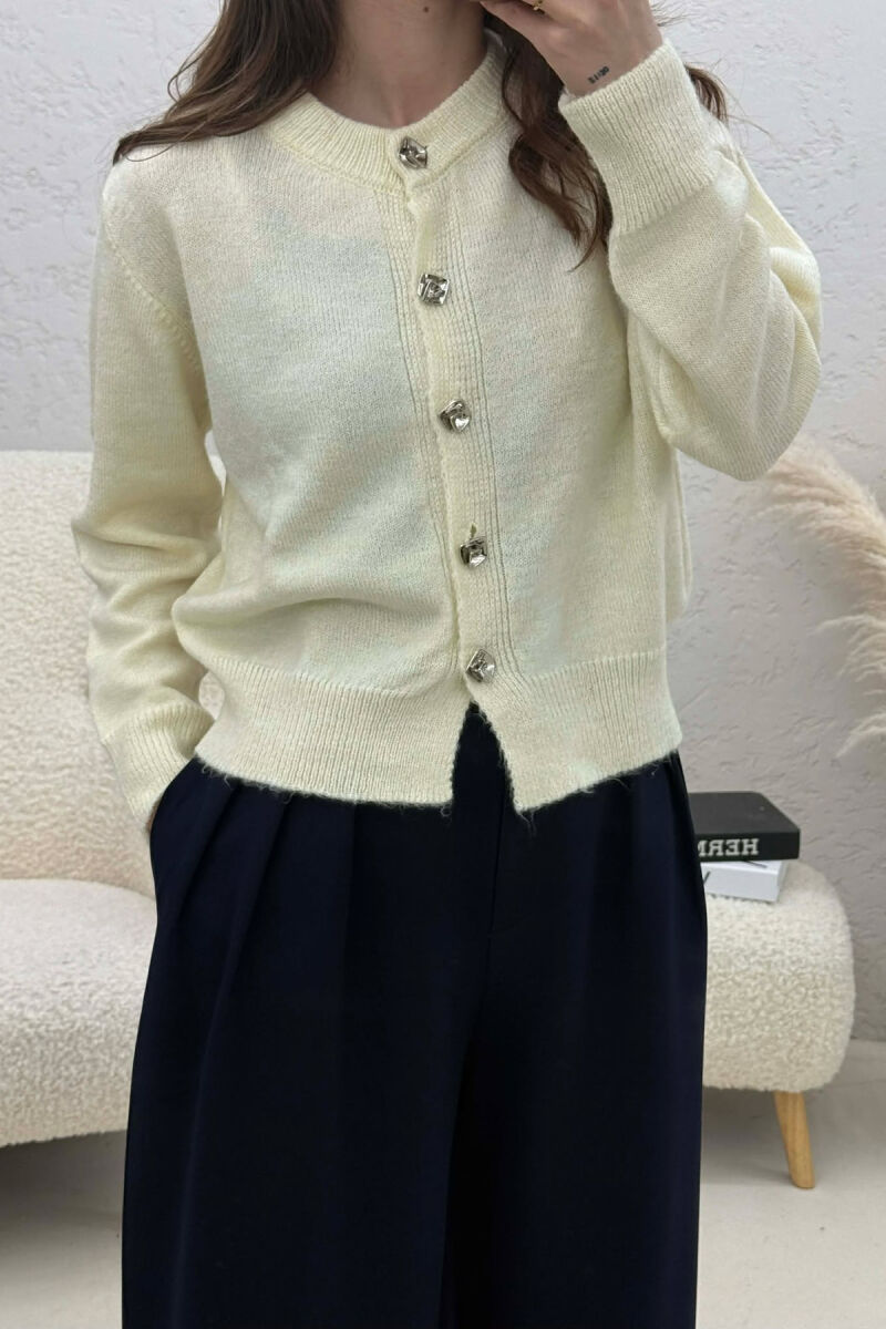 ONE COLOR KNITTED BUTTONED WOMEN CARDIGAN CREAM/KREM - 2