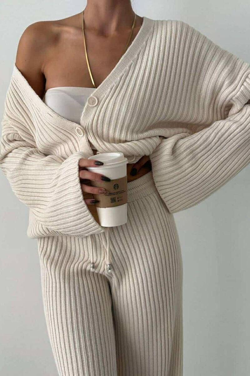 ONE COLOR KNITTED CARDIGAN+TROUSERS WOMEN SET CREAM/KREM - 1