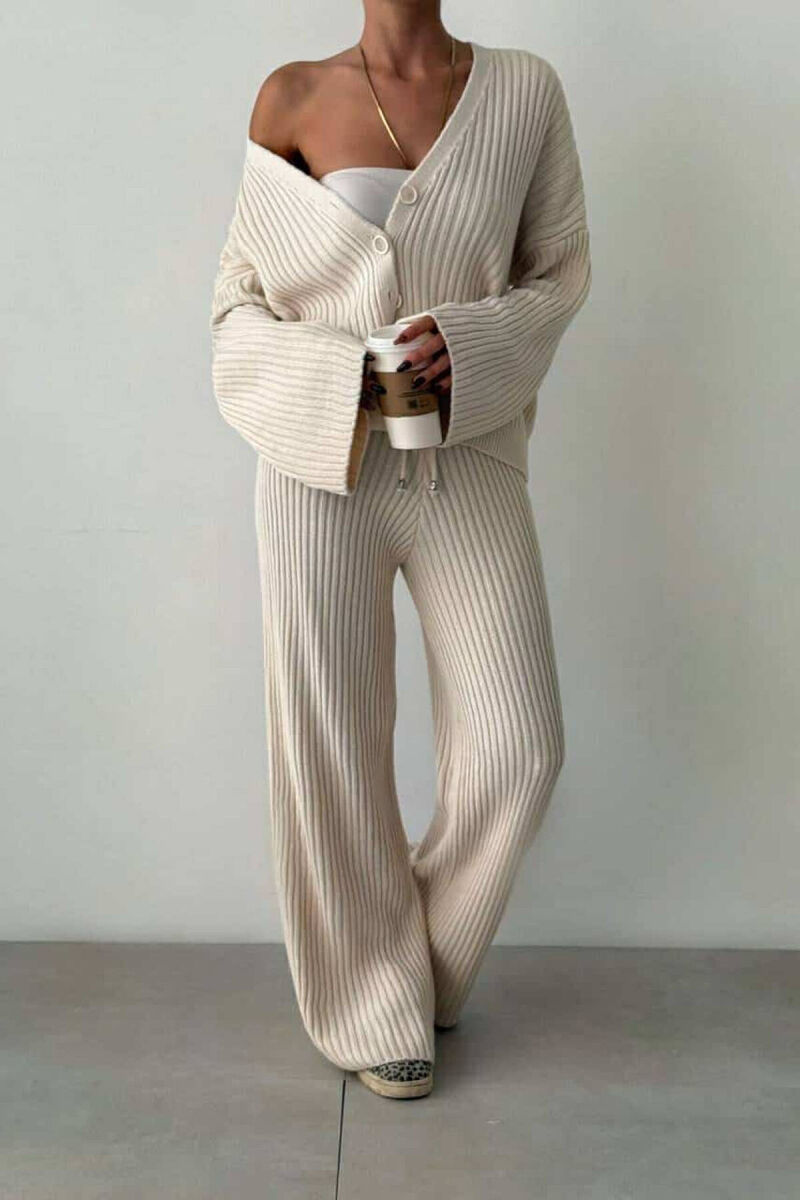 ONE COLOR KNITTED CARDIGAN+TROUSERS WOMEN SET CREAM/KREM - 2