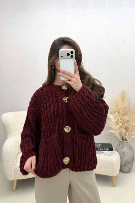ONE COLOR KNITTED FRONT POCKETS WOMEN CARDIGAN BURGUNDY/VISHNJE 