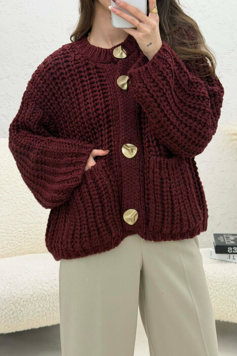 ONE COLOR KNITTED FRONT POCKETS WOMEN CARDIGAN BURGUNDY/VISHNJE - 4