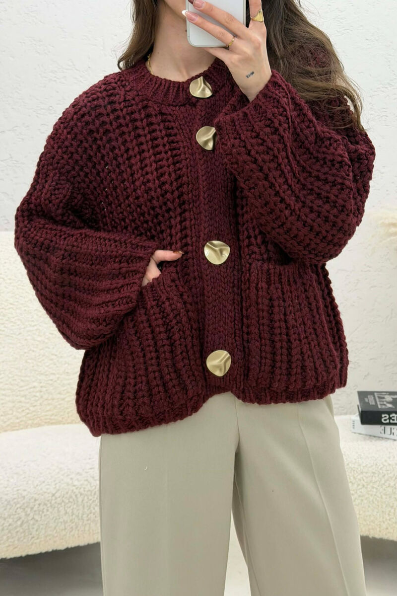 ONE COLOR KNITTED FRONT POCKETS WOMEN CARDIGAN BURGUNDY/VISHNJE - 4