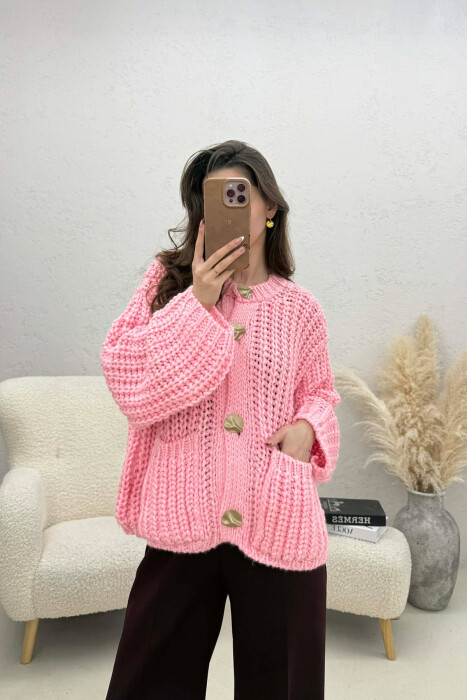 ONE COLOR KNITTED FRONT POCKETS WOMEN CARDIGAN PINK/ROZE - 1