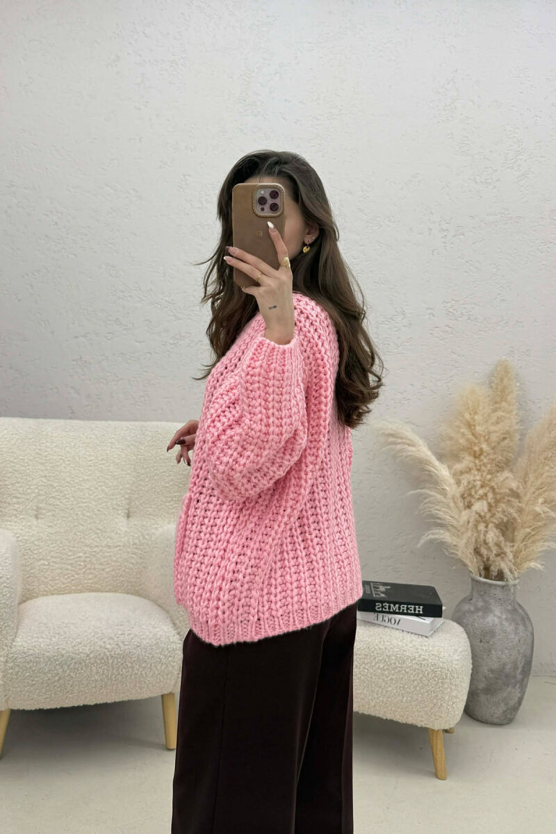 ONE COLOR KNITTED FRONT POCKETS WOMEN CARDIGAN PINK/ROZE - 4