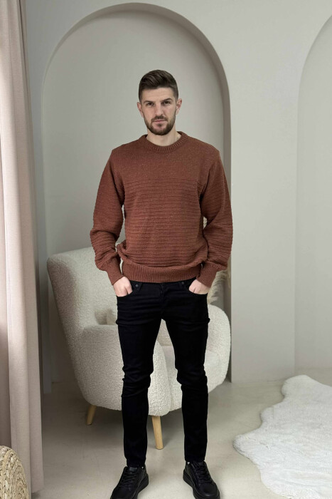 ONE COLOR KNITTED MEN SWEATER BRICK/TULLE - 2