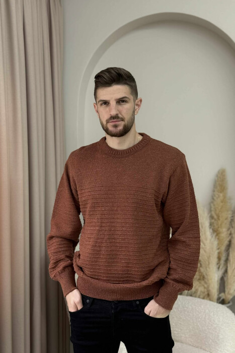 ONE COLOR KNITTED MEN SWEATER BRICK/TULLE - 3